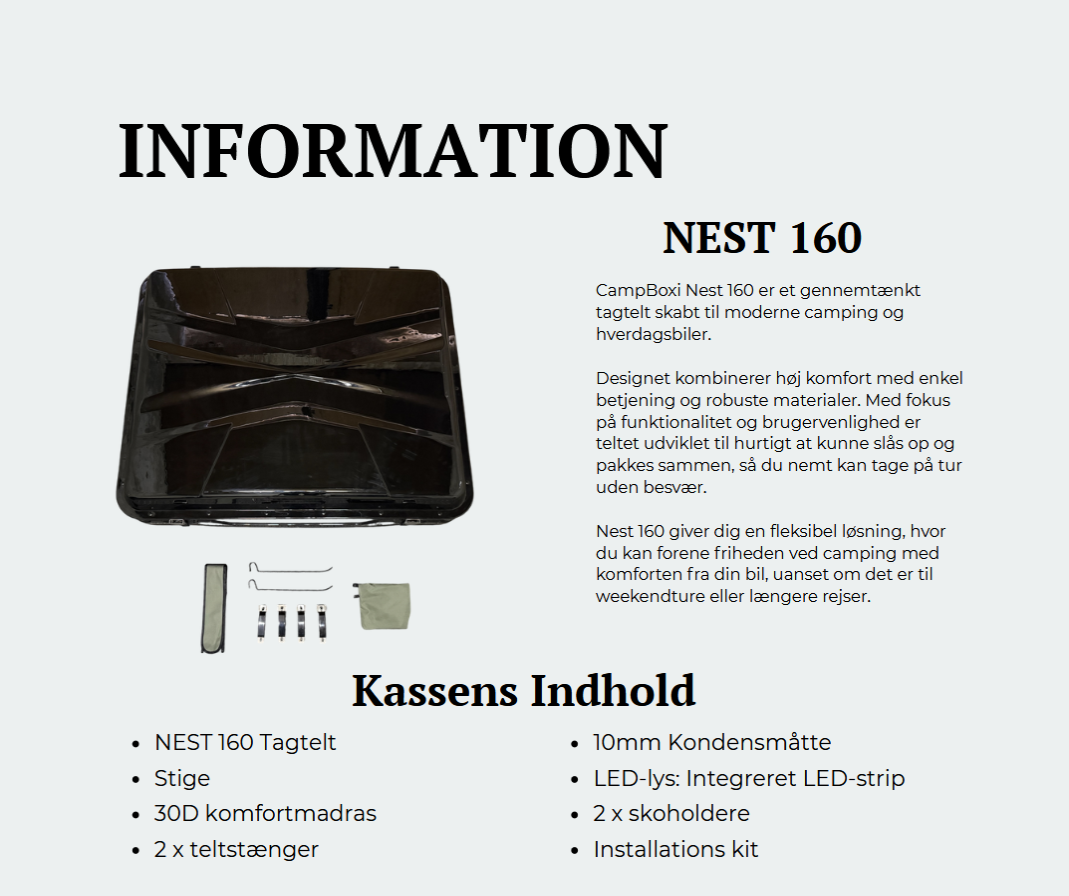 CampBoxi Nest 160 tagtelt - Alt-i-ét tagtelt | Hydraulisk åbning | integrerede vinduesstænger | komfort madras