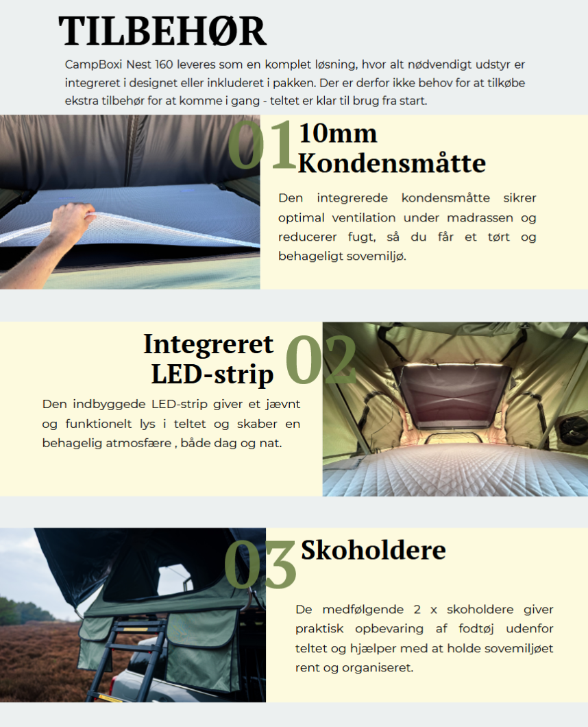 CampBoxi Nest 160 tagtelt - Alt-i-ét tagtelt | Hydraulisk åbning | integrerede vinduesstænger | komfort madras